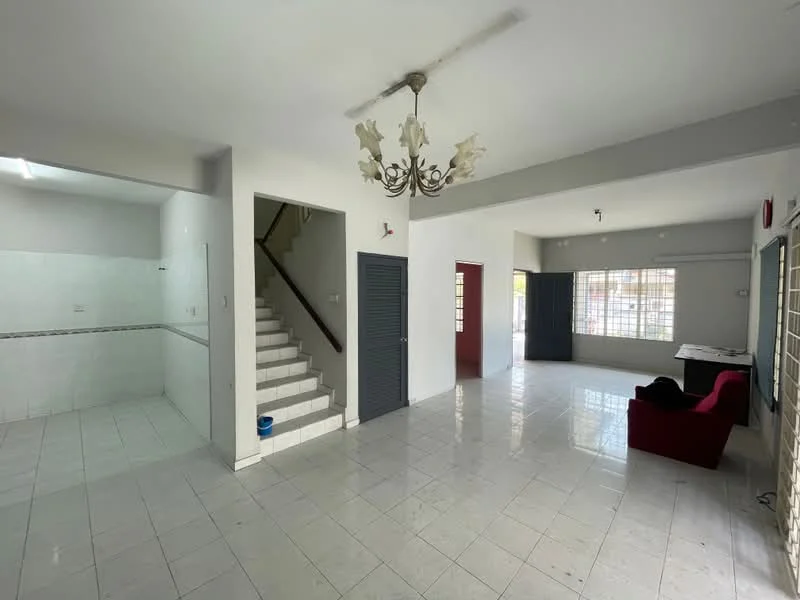 Living features: white painted walls, glossy tile flooring, chandelier with multiple lights, large windows with grid pattern, red fabric sofa, ceiling fan, open layout, natural light from windows; style: modern. Kitchen features: white tiled walls, glossy tile flooring, stainless-steel sink, wall-mounted cabinets, counter space, open layout to living area; style: modern.