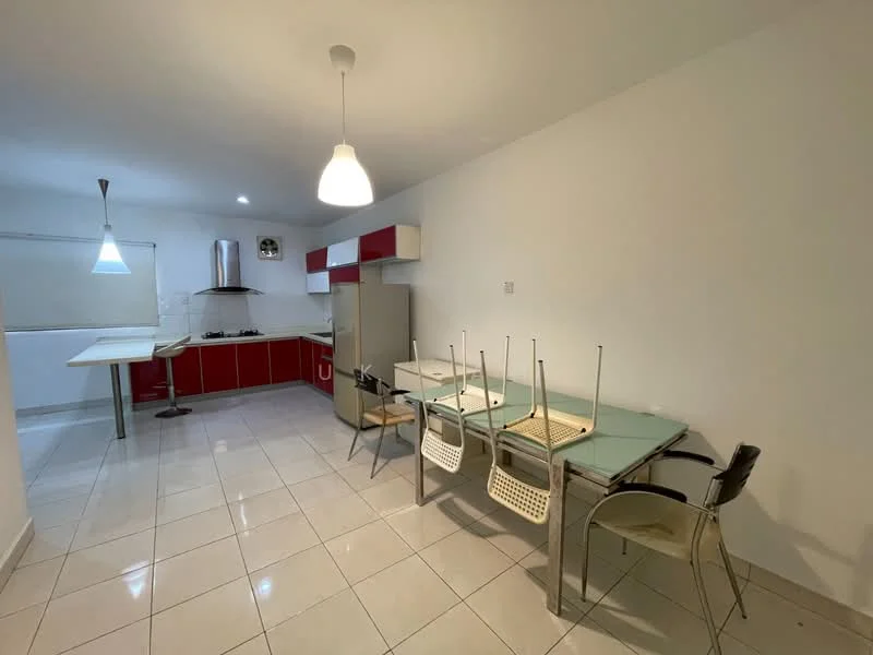 Kitchen features: red cabinetry, stainless-steel fridge, stainless-steel range hood, built-in gas hob, white tiled backsplash, white walls, white ceiling, pendant lighting, glass dining table, four dining chairs, ceramic tile flooring; style: modern.