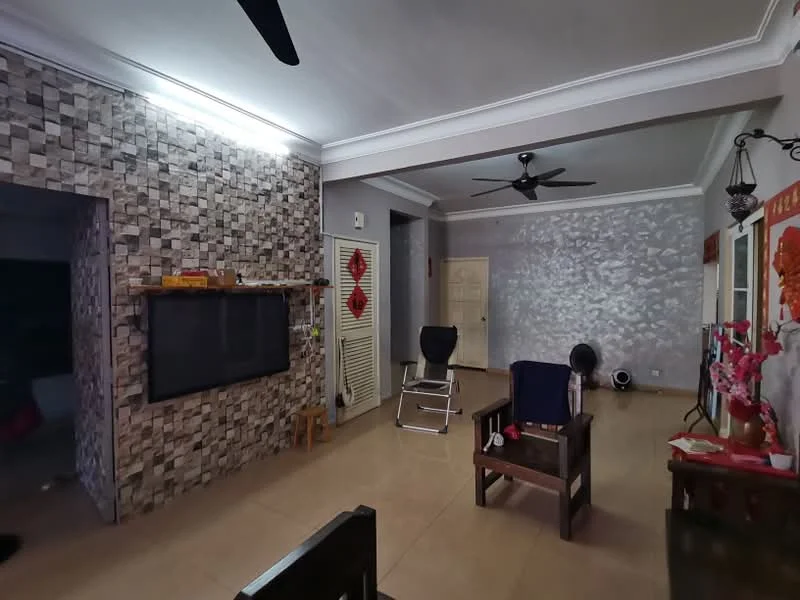 Living features: stone accent wall, flat-screen TV mounted on wall, cream painted walls, ceiling fan, tile flooring, wooden coffee table, wooden armchair, decorative wall art, light fixture on ceiling, open layout, doorway to other room; style: modern.