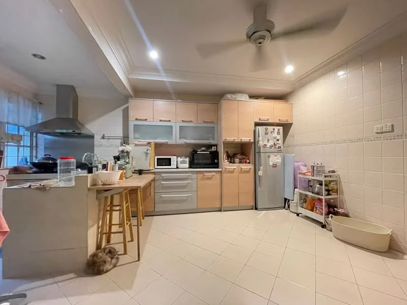 Kitchen features: light wood cabinetry, grey lower cabinets, white tiled backsplash, stainless-steel sink, chrome pull-down faucet, built-in microwave, freestanding range oven, stainless-steel fridge, bar stools, ceiling fan, white tiled flooring, countertop with overhang, open shelving, kitchen appliances, decorative items on countertop; style: modern.