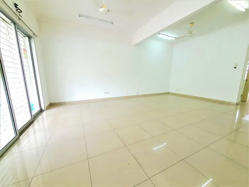 Living features: white painted walls, glossy ceramic tile flooring, 5-blade ceiling fan with light, floor-to-ceiling sliding glass doors, natural light from sliding doors, neutral color scheme, no visible furniture, open layout; style: modern.