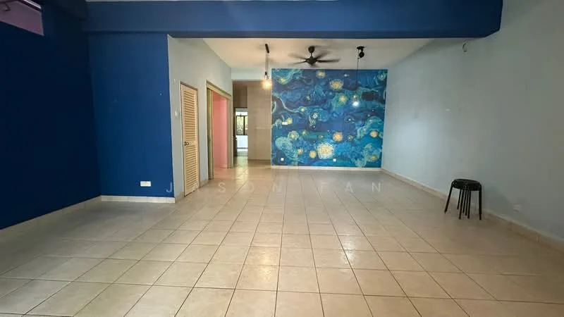 Room features: blue accent wall, light grey painted walls, tile flooring, ceiling fan, large open space, decorative wall mural, natural light from windows, neutral color scheme; style: modern.