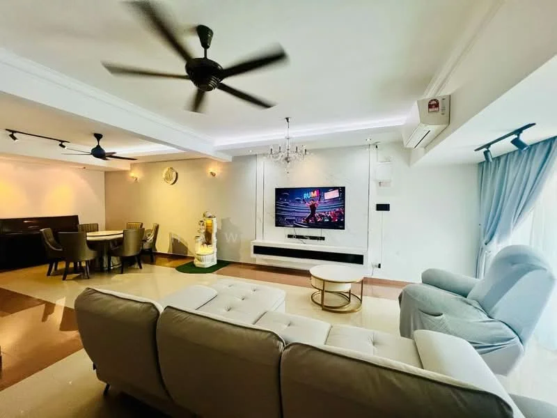 Living features: 3-seater fabric sofa in light grey, coffee table with round top, wall-mounted TV, ceiling fan with light, recessed LED downlights, chandelier, decorative wall clock, white painted walls, cream tiled flooring, curtains in light blue, side table, built-in cabinetry, area rug; style: modern. Dining features: 6-seater dining table, upholstered dining chairs, wall-mounted lighting, white painted walls, cream tiled flooring; style: modern.