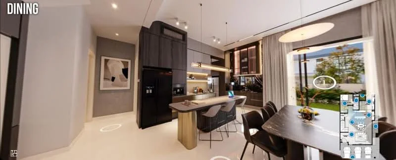 Dining features: 6-seater dining table, upholstered dining chairs, pendant light fixture, large windows with sheer curtains, grey accent wall, white walls, marble countertop on kitchen island, black cabinetry, stainless-steel refrigerator, built-in oven, kitchen island with seating, decorative artwork on wall, floor-to-ceiling windows with garden view, recessed ceiling lights; style: modern; view: garden.