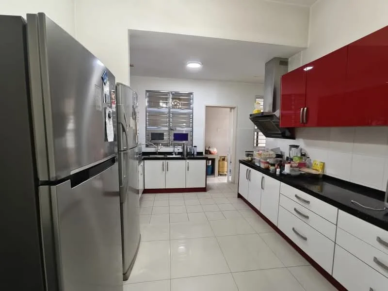 Kitchen features: stainless-steel fridge, built-in oven, freestanding range oven, black countertop, red high-gloss cabinets, white lower cabinets, ceramic tile flooring, recessed ceiling lights, kitchen hood, sink with faucet, open shelving, window with metal grille; style: modern.