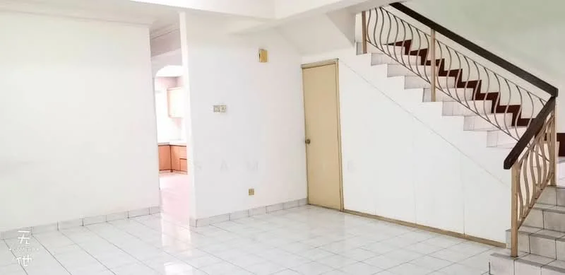 Room features: white painted walls, white tiled flooring, staircase with wooden handrail, door leading to another room, open layout, natural light from windows, high ceiling; style: modern.