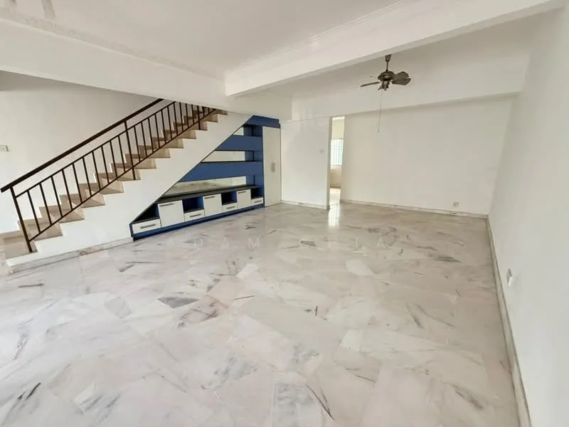 Living features: marble flooring, white painted walls, 5-blade ceiling fan, staircase with wooden railing, built-in cabinetry under stairs, large windows for natural light, open layout, high ceiling; style: modern.