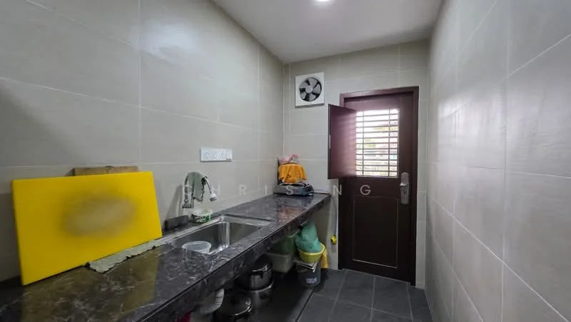 Room features: grey tiled walls, dark granite countertop, single-bowl stainless-steel sink, chrome faucet, exhaust fan, wooden door, grey tiled flooring, plastic storage containers.