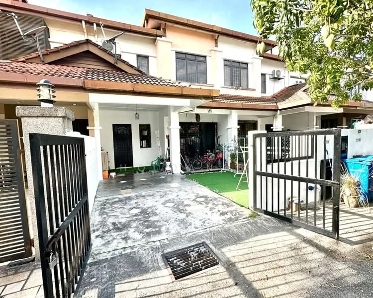 Exterior type: linked terrace house; features: gated entrance, paved driveway, manicured lawn, front porch area, two-storey structure, terracotta roof tiles, white painted facade, black metal gate, outdoor storage area, bicycle storage, visible air conditioning units; style: modern.