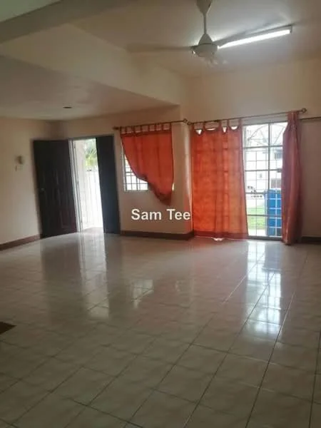 Living features: cream painted walls, white ceiling, ceiling fan, large windows with sheer curtains, tiled flooring, double front doors, orange curtains, natural light from windows; view: garden.