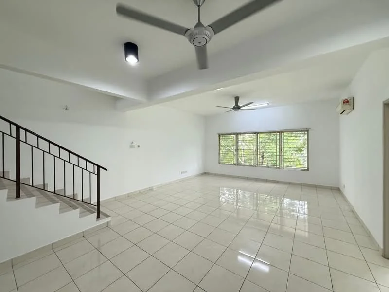 Living features: white painted walls, glossy ceramic tile flooring, 2 ceiling fans, large windows with blinds, air conditioning unit, staircase with metal railing, recessed ceiling lights, open layout; style: modern; view: garden.