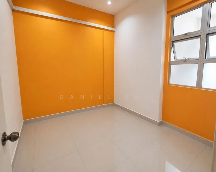 Room features: orange painted accent wall, white painted walls, glossy tile flooring, ceiling lights, window with multiple panes, neutral-colored trim, corner room, no visible furniture; style: modern.