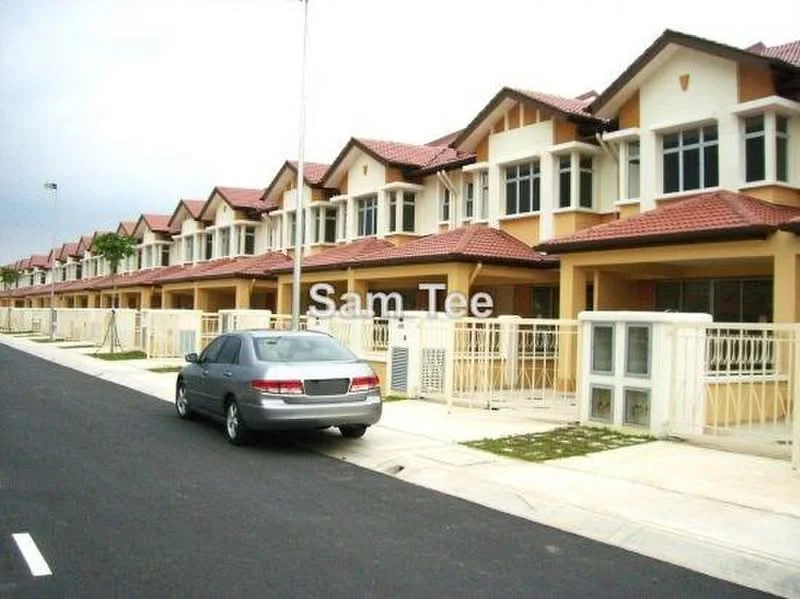 Exterior type: linked terrace house; features: two-storey building, red tiled roof, cream painted facade, front porch with fencing, manicured lawn, paved driveway, multiple windows, sidewalk, street view, car parked in driveway; style: modern.