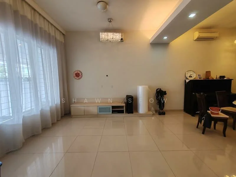 Living features: cream painted walls, white ceiling, recessed downlights, chandelier, large floor-to-ceiling windows with sheer curtains, glossy tile flooring, wooden dining table with chairs, black console table, decorative wall art, air conditioning unit; style: modern.