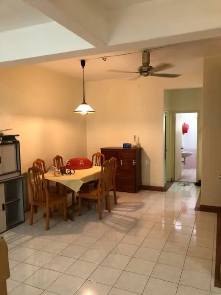 Dining features: 8-seater wooden dining table, wooden dining chairs, pendant lamp, ceiling fan, white painted walls, glossy ceramic tile flooring, wooden sideboard, doorway leading to bathroom, doorway leading to hallway. Room features: white painted walls, glossy ceramic tile flooring.