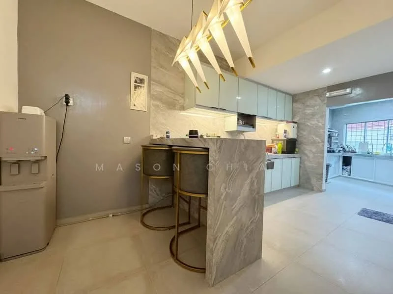 Kitchen features: grey marble countertop, light blue cabinetry, stainless-steel refrigerator, water dispenser, bar stools, pendant lighting, ceramic tile flooring, wall-mounted air conditioning unit, open layout, kitchen island; style: modern.