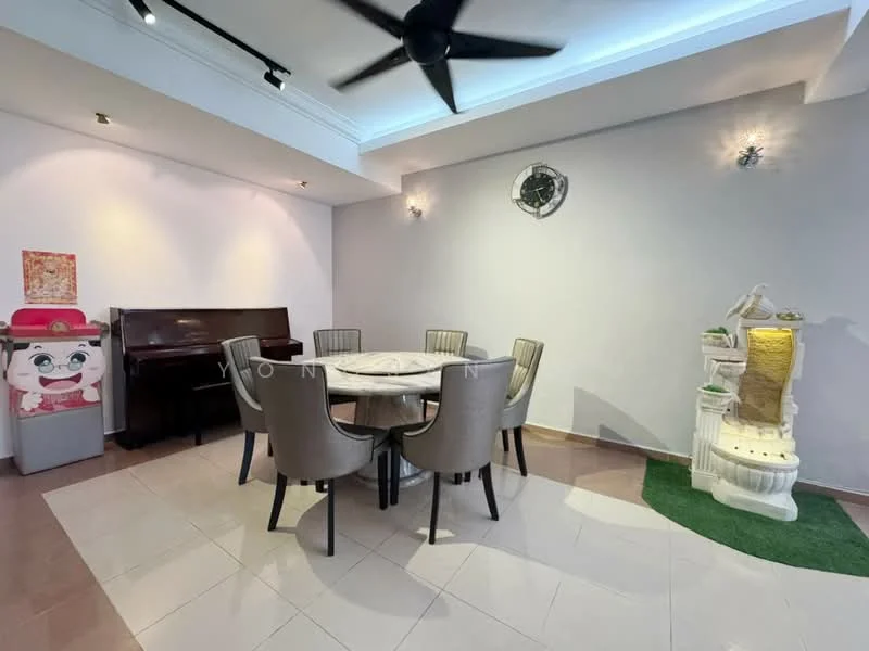 Dining features: round dining table, 6 upholstered dining chairs, ceiling fan, white painted walls, recessed lighting, tile flooring, decorative wall clock, piano, decorative statue, green carpet area; style: modern.
