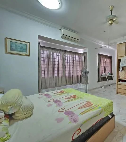 Bedroom features: queen-size bed with patterned bedding, wooden bedside table, wall-mounted air conditioning unit, ceiling fan, two large windows with sheer curtains, marble flooring, built-in wardrobe, decorative framed artwork on wall, folding table, standing fan; style: modern.