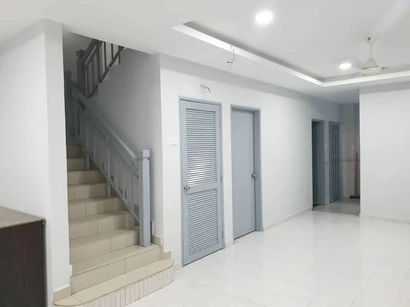 Room features: white painted walls, white tiled flooring, staircase with light-colored steps, grey doors, recessed ceiling lights, ceiling fan, open layout, doorway leading to another room; style: modern.
