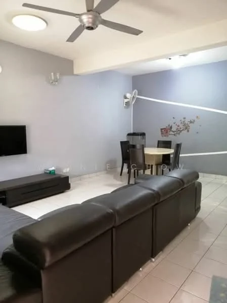Living features: black leather sectional sofa, wall-mounted TV, coffee table, ceiling fan with light, light grey painted walls, white tiled flooring, dining table for four, black dining chairs, air conditioning unit, decorative wall art; style: modern.