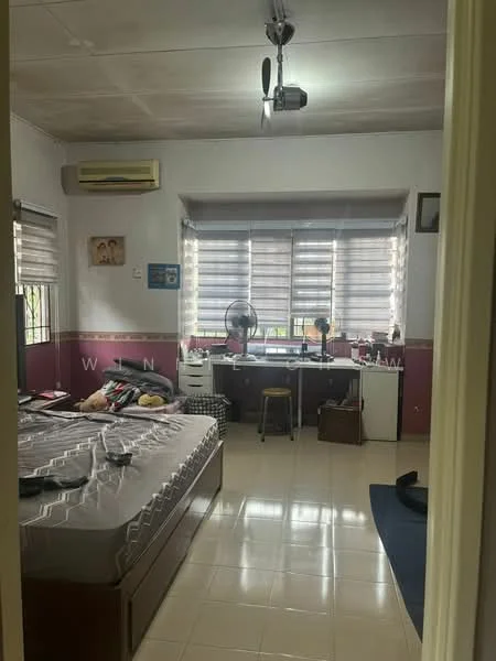 Bedroom features: queen-size bed, wall-mounted split AC, desk with chair, window with blinds, light-colored walls, cream tiled flooring, ceiling fan, built-in wardrobe, decorative wall art, study lamp, small fridge, stool; style: modern.