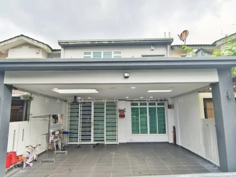 Exterior type: linked terrace house; features: grey painted facade, flat roof, white window frames, green louvered windows, porcelain tile flooring, covered car porch, exterior wall with white paint, security grill, outdoor lighting, satellite dish, manicured landscaping; style: modern.