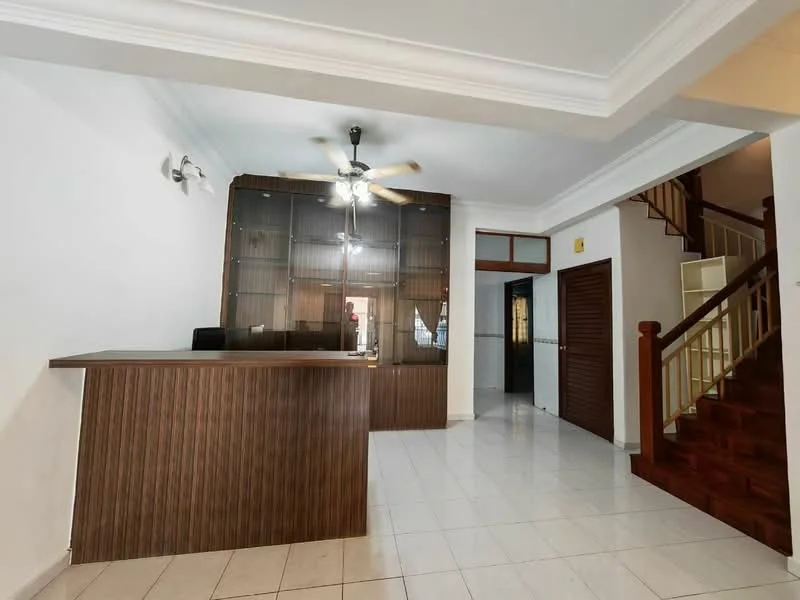 Living features: white painted walls, cream tiled flooring, 5-blade ceiling fan with light, wooden reception counter, glass display cabinet, staircase with wooden railing, recessed lighting, doorway leading to other rooms; style: modern.