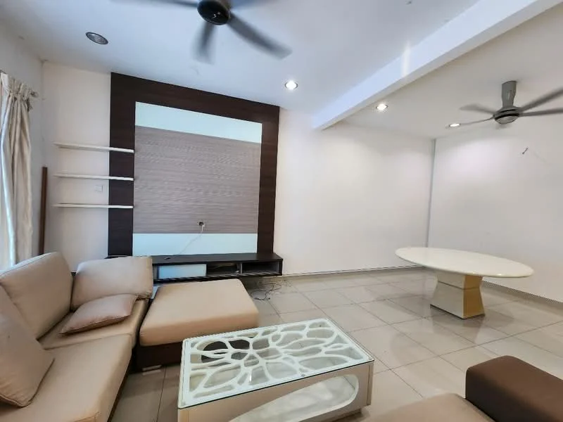 Living features: L-shape sectional sofa in beige, coffee table with decorative design, wall-mounted TV console, light-colored tiled flooring, ceiling fan with light, recessed downlights, white painted walls, curtains on window, open shelving unit, decorative wall panel; style: modern.
