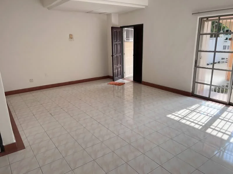 Room features: white painted walls, glossy ceramic tile flooring, double-door wooden entrance, floor-to-ceiling windows, natural light from windows, open layout, no visible furniture, neutral color scheme; style: minimalist.