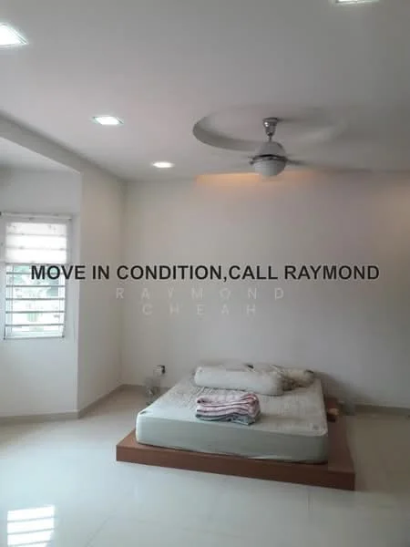 Bedroom features: queen-size bed, wooden bed frame, white painted walls, recessed downlights, 5-blade ceiling fan, large window with blinds, tile flooring, wooden platform base, blankets on bed; style: modern.