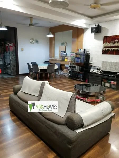 Living features: 3-seater fabric sofa in grey, coffee table, wall-mounted TV, entertainment unit, wooden flooring, recessed downlights, decorative wall art, open shelving unit, dining area visible in background, ceiling fan; style: modern.