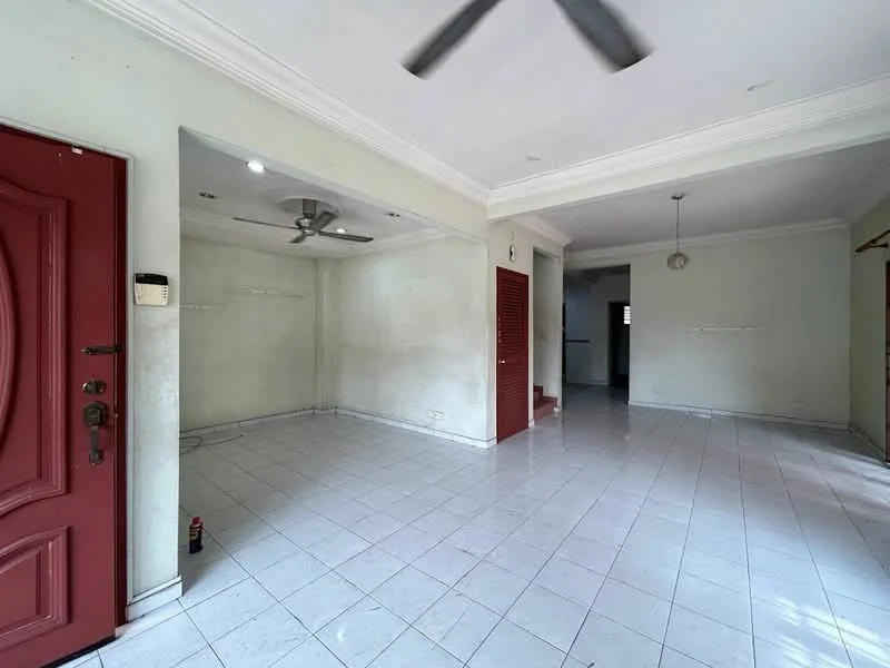 Living features: white painted walls, white tiled flooring, ceiling fan, crown moulding, front door with red finish, staircase leading to upper level, recessed lighting, open layout; style: modern.