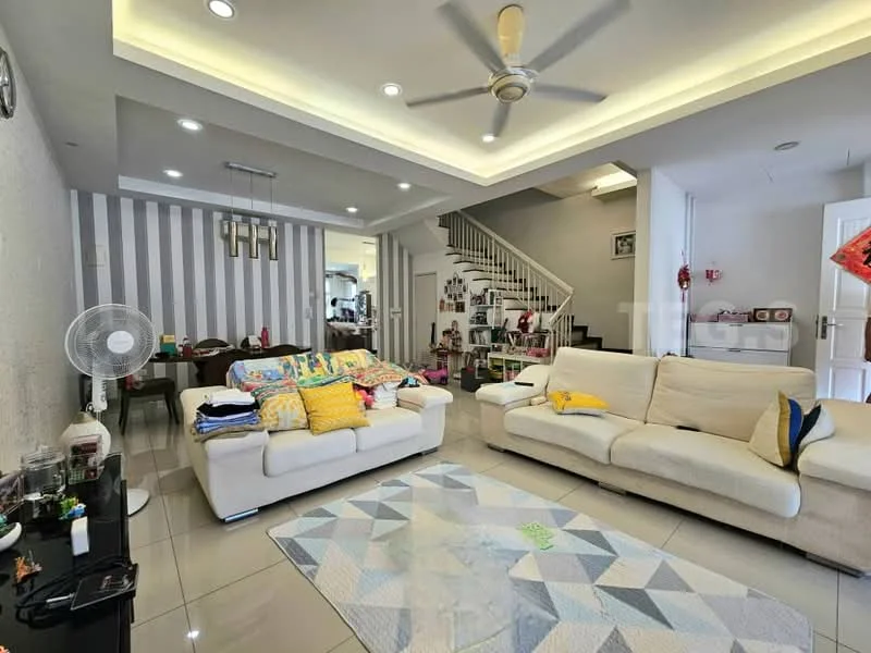 Living features: 3-seater fabric sofa in cream, 2-seater fabric sofa in cream, yellow decorative cushions, area rug with geometric pattern, ceiling fan with light, recessed downlights, wall-mounted artwork, decorative wall with vertical stripes, glass coffee table, open staircase, tile flooring, wall-mounted TV, side table with decorative items; style: modern.