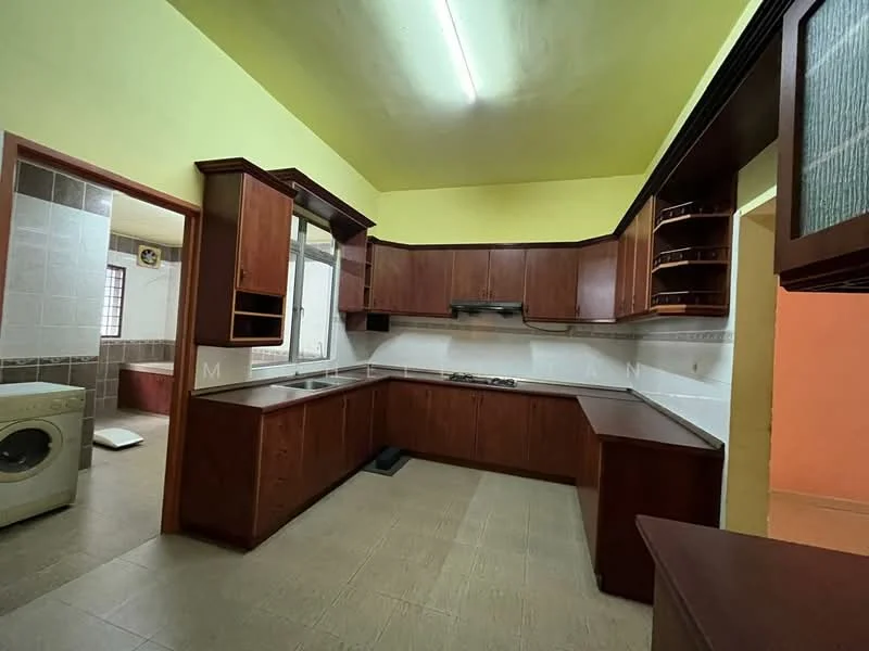 Kitchen features: brown wooden cabinetry, white countertop, stainless-steel gas hob, built-in exhaust hood, double-bowl stainless-steel sink, tile backsplash, cream painted walls, recessed lighting, floor tile flooring; style: modern. Laundry features: front-load washing machine, tile flooring, cream painted walls.