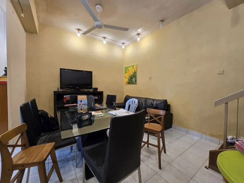 Dining features: glass dining table, black leather dining chairs, wooden dining chair, 3-blade ceiling fan, wall-mounted TV, yellow painted walls, tile flooring, decorative wall art; style: modern.