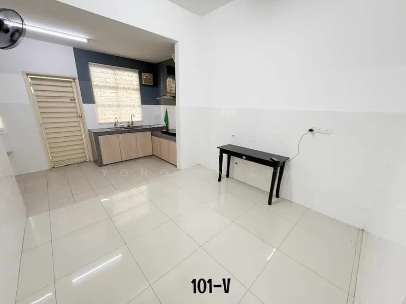 Kitchen features: white painted walls, cream tiled flooring, single-bowl stainless-steel sink, chrome pull-down faucet, kitchen cabinetry, countertop, window with sheer curtains, wall-mounted electrical outlet, black table, open layout; style: modern.