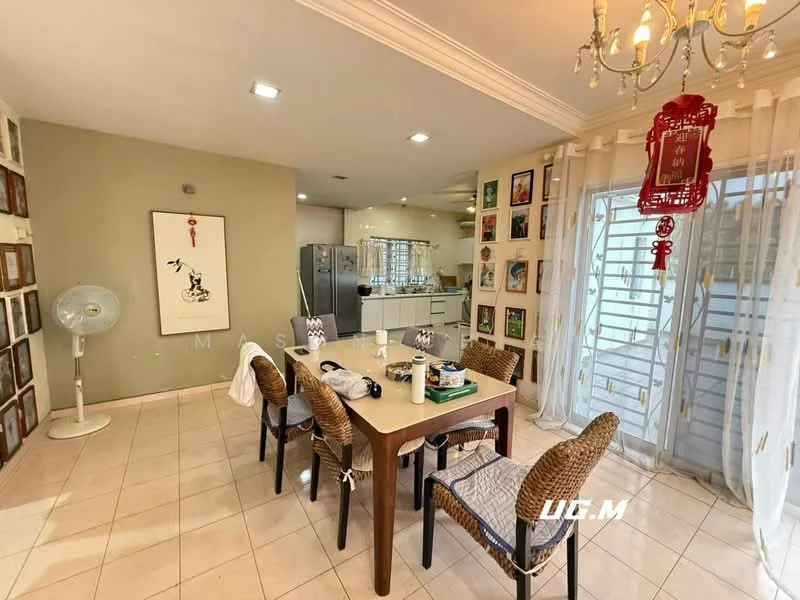 Dining features: dining table with four chairs, ceramic tile flooring, white walls, chandelier, floor-to-ceiling windows with sheer curtains, framed artwork on walls, ceiling fan, open layout to kitchen, decorative red lantern, kitchen visible in background; style: modern.
