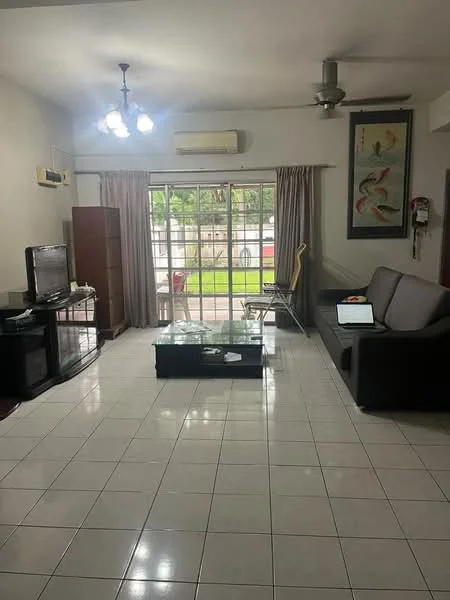 Living features: white painted walls, ceramic tile flooring, 5-blade ceiling fan with light, recessed downlights, floor-to-ceiling windows, sliding glass door, grey fabric sofa, glass coffee table, TV console, wall-mounted TV, curtains, decorative artwork, air conditioning unit; style: modern; view: garden.