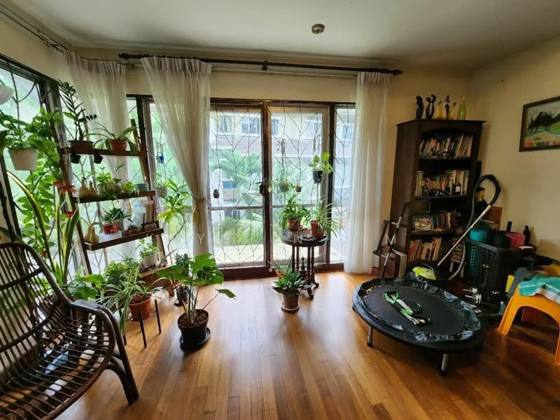 Living features: wooden flooring, floor-to-ceiling windows, sheer curtains, green plants in pots, wooden bookshelf, decorative wall art, rattan chair, small round trampoline, colorful children's chair, potted plants on shelves; style: contemporary; view: garden.