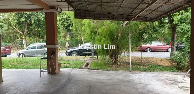 Exterior type: car porch; features: concrete flooring, covered roof, open space, fenced area, surrounded by greenery, view of street, parking space for vehicles; style: modern.