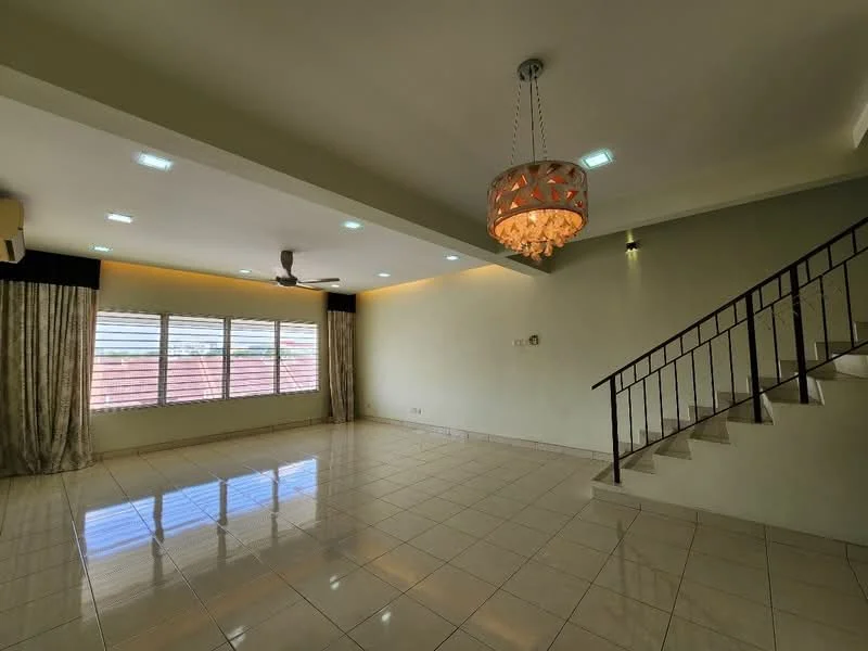 Living features: large chandelier, 5-blade ceiling fan, white painted walls, cream tiled flooring, floor-to-ceiling windows, sheer curtains, recessed LED downlights, staircase with metal railing; style: modern.