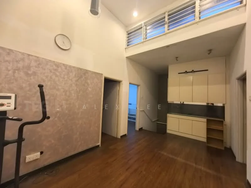 Room features: wood flooring, white painted walls, grey accent wall, high ceiling, large windows, built-in cabinetry, black countertop, exercise equipment, clock on wall, staircase, open layout; style: modern; view: city.