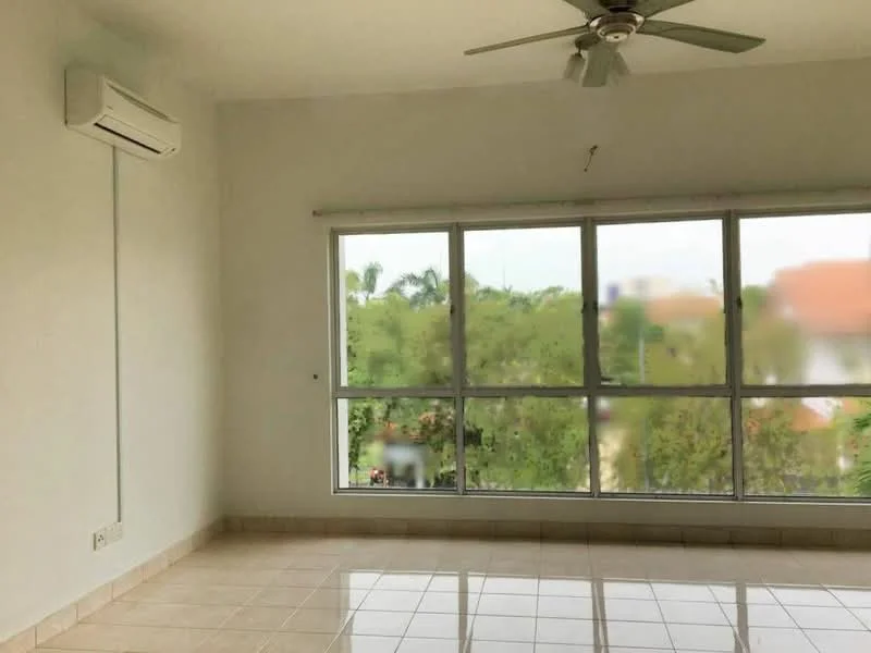 Living features: white painted walls, glazed tile flooring, 5-blade ceiling fan, floor-to-ceiling windows, curtains, wall-mounted split AC, view of greenery; view: garden.