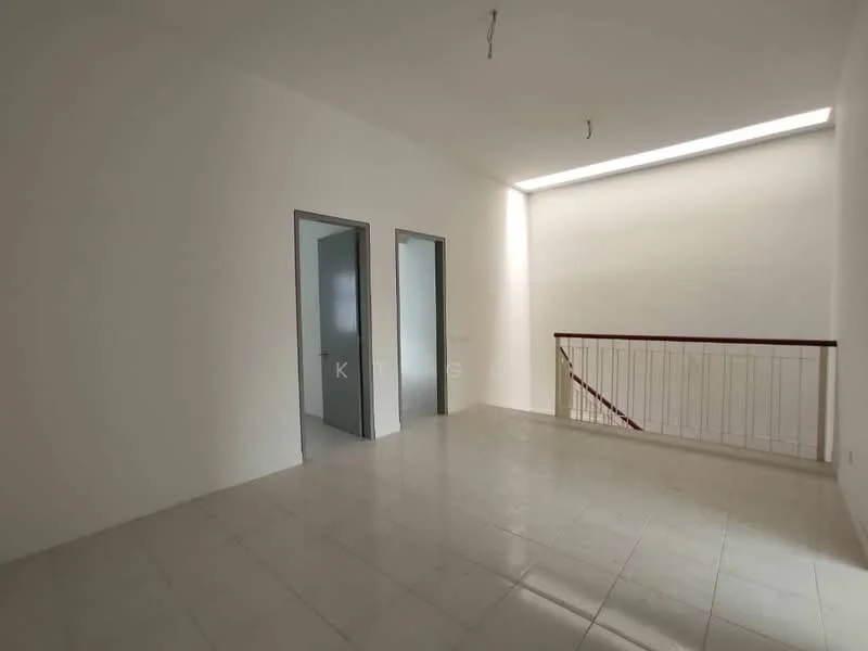 Room features: white painted walls, tile flooring, natural light from window, railing, two doors visible, open space layout, ceiling lights, neutral color scheme; style: modern.