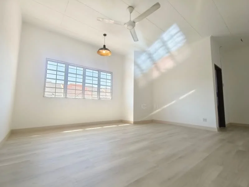 Room features: white painted walls, light wood laminate flooring, 5-blade ceiling fan, large windows with grid pattern, pendant light fixture, natural light streaming in, no visible furniture, high ceiling; style: modern.