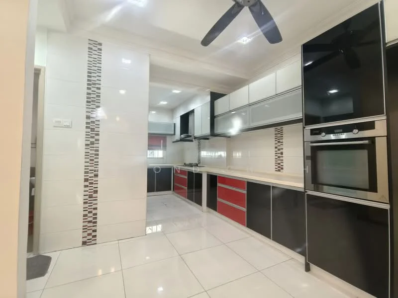 Kitchen features: white tiled walls, black and red cabinetry, stainless-steel built-in oven, stainless-steel built-in microwave, 4-burner gas hob, stainless-steel range hood, single-bowl stainless-steel sink, chrome pull-down faucet, white countertop, ceramic tile flooring, recessed downlights, ceiling fan with light; style: modern.