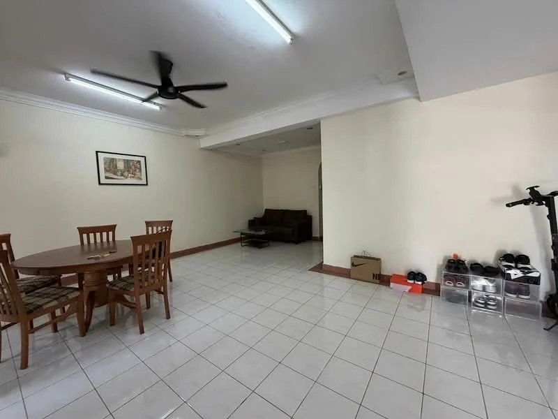 Dining features: round wooden dining table, 4 wooden dining chairs, white tiled flooring, ceiling fan, wall-mounted artwork, neutral painted walls, open layout, natural light from windows; style: modern. Living features: brown fabric sofa, coffee table, neutral painted walls, white tiled flooring, open layout, natural light from windows; style: modern.