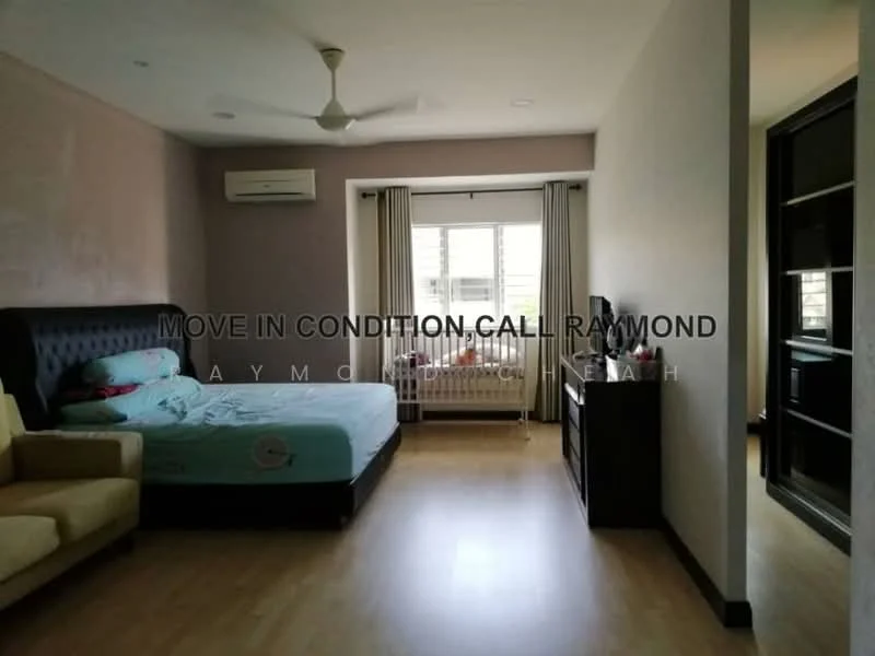 Bedroom features: queen-size bed, upholstered headboard, sofa in beige, wooden flooring, wall-mounted split AC, floor-to-ceiling window, sheer curtains, TV console, built-in wardrobe, decorative wall, light-colored walls; style: modern.