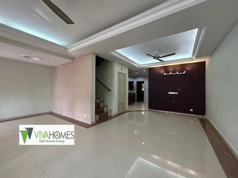 Living features: white painted walls, cream tiled flooring, tray ceiling with recessed lighting, 5-blade ceiling fan, wall-mounted TV console, purple accent wall, staircase leading to upper floor, natural light from windows; style: modern.
