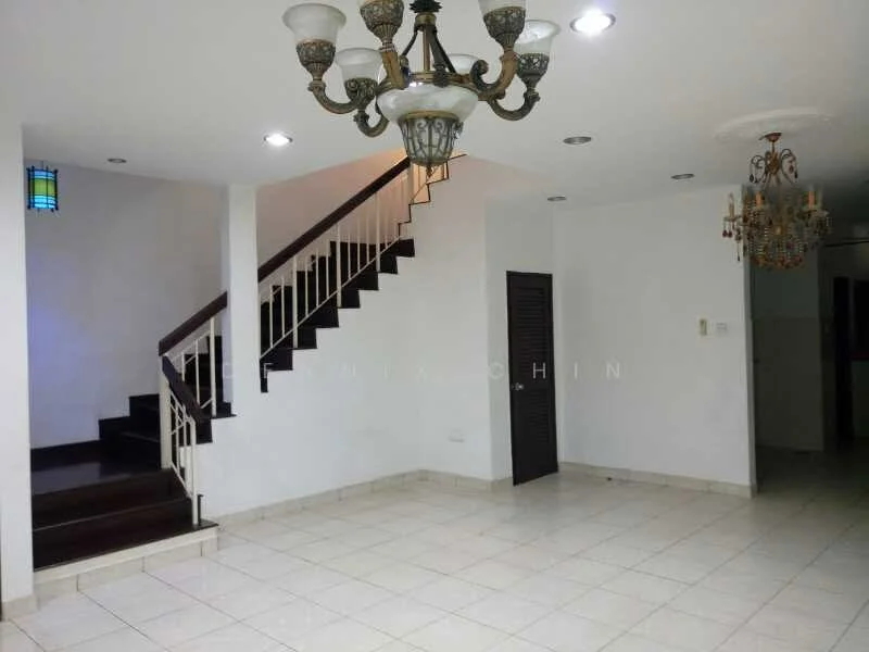 Living features: white painted walls, tile flooring, staircase with wooden steps, chandelier with multiple bulbs, recessed downlights, decorative stained glass window, open layout, corner for potential furniture arrangement; style: modern.